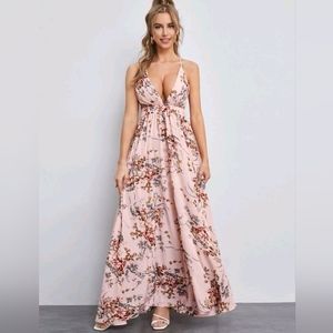 Shein Criss Cross Backless Floral Maxi Dress Size M